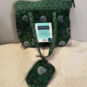 NWT Wayland Green Floral Quilted Tote Set